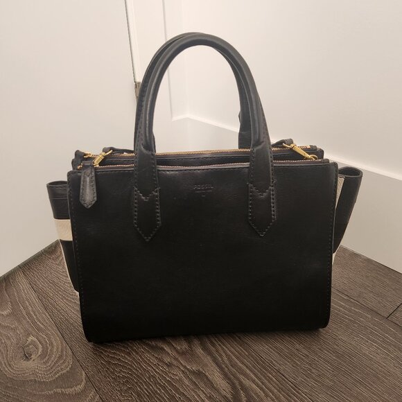 FOSSIL Black and White Leather Tote Bag - Picture 2 of 6